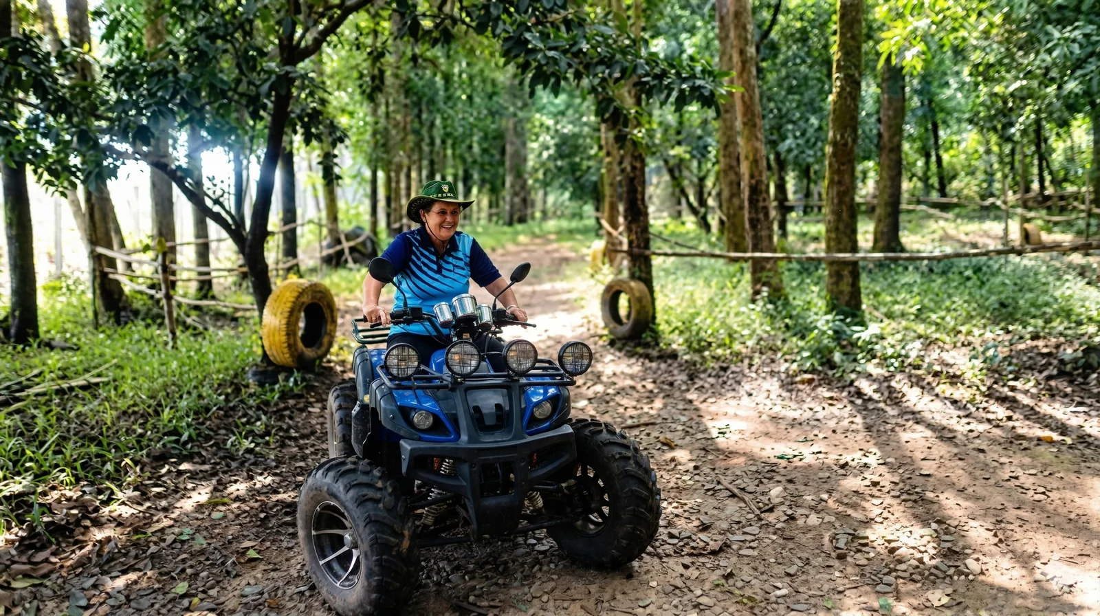 ATV quad bike off-road ride on terrain beside Paravur Lake backwaters near Varkala, Kerala
